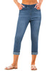 Vintage Blue Women's High Waisted Elastic Slight Stretch Denim Pull On Cuffed Hem Capri Jeans Denim Pants