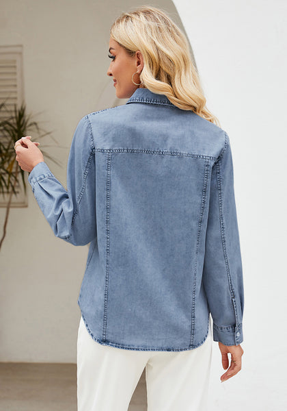 Bay Blue Women's Long Sleeve Shirt Button Front Western-inspired Urban Streetwear Denim Blouse Top