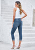Vintage Blue Women's High Waisted Elastic Slight Stretch Denim Pull On Cuffed Hem Capri Jeans Denim Pants