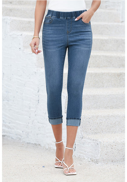 Vintage Blue Women's High Waisted Elastic Slight Stretch Denim Pull On Cuffed Hem Capri Jeans Denim Pants