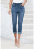 Vintage Blue Women's High Waisted Elastic Slight Stretch Denim Pull On Cuffed Hem Capri Jeans Denim Pants