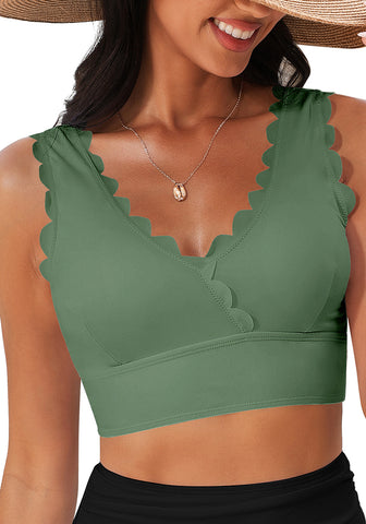 Army Green Women's Beach Wear Plain V-Neck Bikini Top Swimwear Wave Adjustable Strap