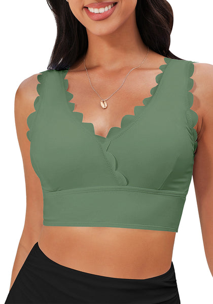 Army Green Women's Beach Wear Plain V-Neck Bikini Top Swimwear Wave Adjustable Strap