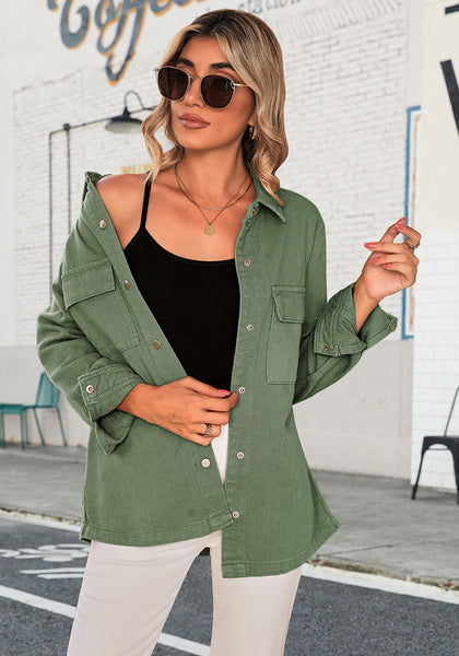 Elm Green Women's Brief Oversized Denim Button Down Long Sleeve  Pocket Jacket
