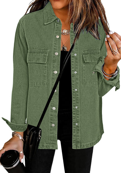 Elm Green Women's Brief Oversized Denim Button Down Long Sleeve  Pocket Jacket