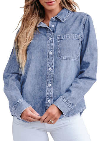 Bay Blue Denim Shirt For Women Button Front Blouse Broken-in  Business Casual Lightweight Long Shirt Sleeve