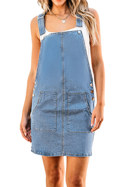 Medium Blue Side Pockets Overall Denim Pinafore Dress