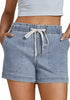 Roadknight Blue Women's Comfy Denim Drawstring Flat Front Jean Pocket Shorts Stretch Utility Styles
