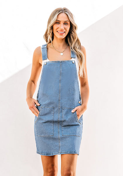 Medium Blue Side Pockets Overall Denim Pinafore Dress