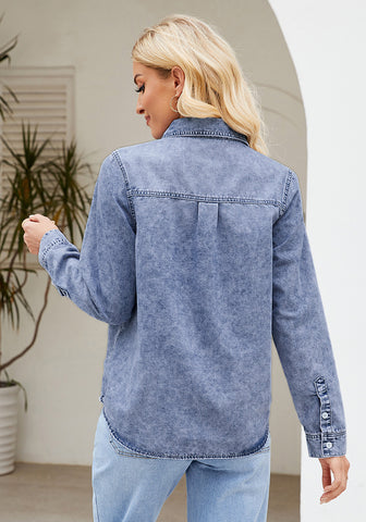 Bay Blue Denim Shirt For Women Button Front Blouse Broken-in  Business Casual Lightweight Long Shirt Sleeve