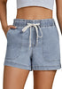 Roadknight Blue Women's Comfy Denim Drawstring Flat Front Jean Pocket Shorts Stretch Utility Styles