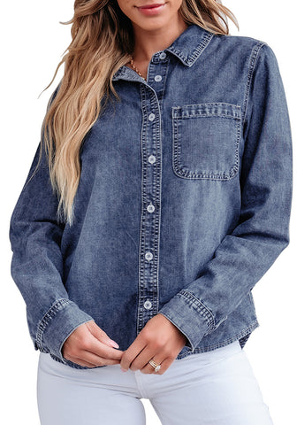 Reef Blue Denim Shirt For Women Button Front Blouse Broken-in  Business Casual Lightweight Long Shirt Sleeve