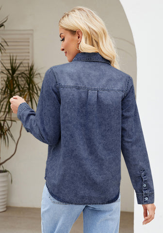 Reef Blue Denim Shirt For Women Button Front Blouse Broken-in  Business Casual Lightweight Long Shirt Sleeve