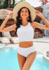 Off White Women's High Waisted Two Piece Bikini Sets Textured High Neck Racer Back Swimsuits