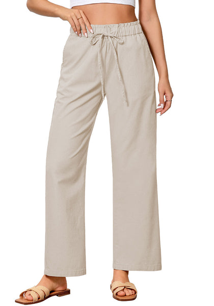 Light Khaki Women's Casual Full Length Elastic High Waist Relaxed Fit Wide Leg Pants with Pocket