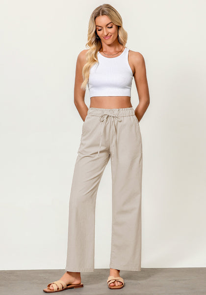 Light Khaki Women's Casual Full Length Elastic High Waist Relaxed Fit Wide Leg Pants with Pocket