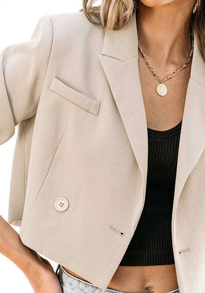 Beige Women's Cropped Business Casual Blazers Lapel Work Office Jackets