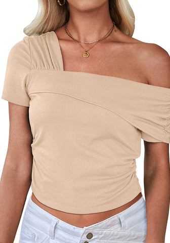 Light Beige Women's Crop Short Sleeve Summer Tops One Shoulder Off Sholder Tops
