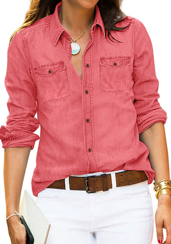 Spiced Coral Women Chambray Jean Western Shirts Long Sleeve Button Down Tops