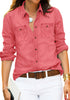 Spiced Coral Women Chambray Jean Western Shirts Long Sleeve Button Down Tops