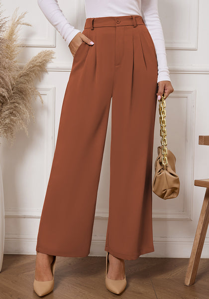 Petite Sequoia Brown High Waisted Wide Leg Pants for Women Business Casual Flowy Trouser