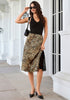 Brown Cheetah Satin Midi Skirt — High Waisted A Line Slip Skirt with Slit, Lace Trim & Stretchy Waist