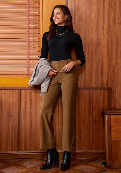 Coffee Brown Fashionable High Waisted Wide Leg Trousers for Women Elastic Waist Loose Fit Corduroy Pants