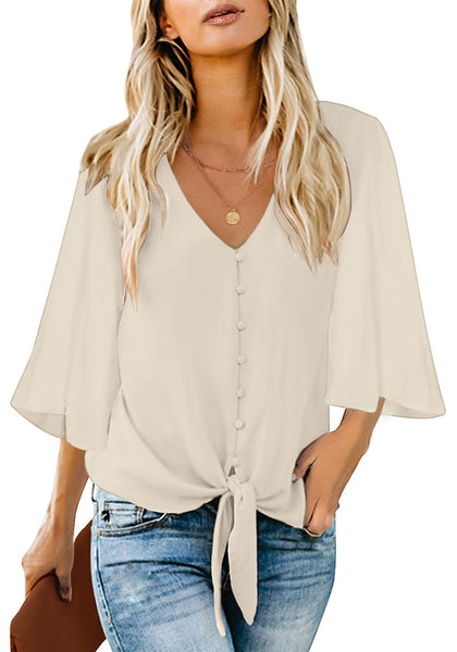 Sand  Women's V Neck Button Down Shirts 3/4 Bell Sleeve Tie Knot Blouse