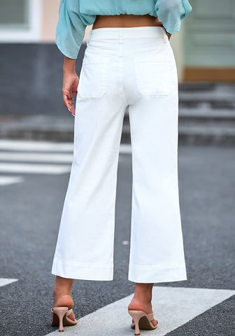 Cream White 2024 Women's High Waisted Long Denim Wide Leg Pockets Cropped Pants Jeans Trouser
