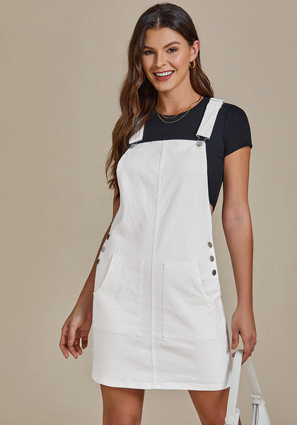 Cream White Side Pockets Overall Denim Pinafore Dress