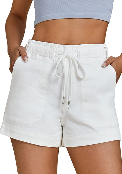 Cream White Women's Comfy Denim Drawstring Flat Front Jean Pocket Shorts Stretch Utility Styles
