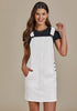 Cream White Side Pockets Overall Denim Pinafore Dress