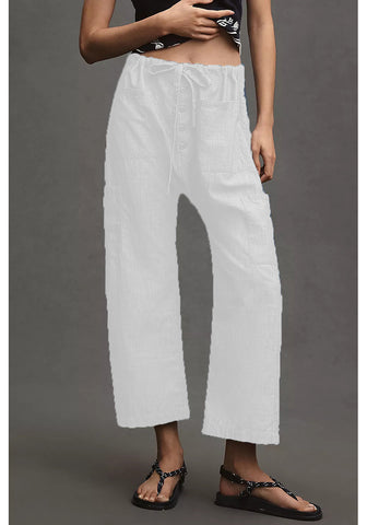 LookbookStore Women's Cream White Trendy Barrel Jeans, High Rise Wide Leg Baggy Denim Pants with Elastic Drawstring Waist & Button Fly