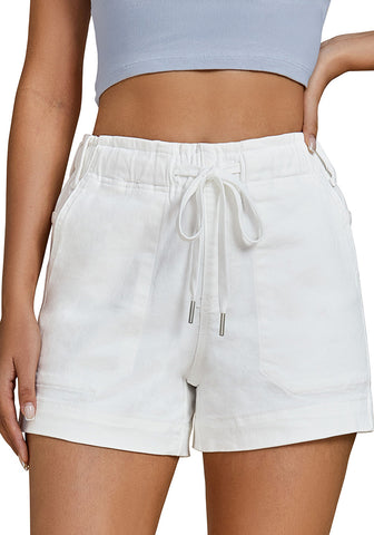 Cream White Women's Comfy Denim Drawstring Flat Front Jean Pocket Shorts Stretch Utility Styles