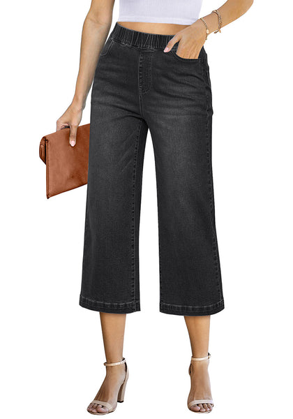 Washed Black Women's Denim Capri Elastic Waist High Waist Pant Pocket