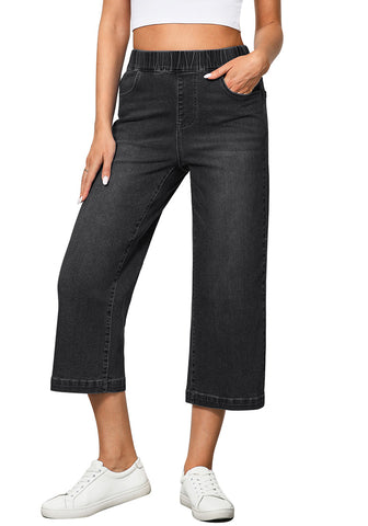 Washed Black Women's Denim Capri Elastic Waist High Waist Pant Pocket