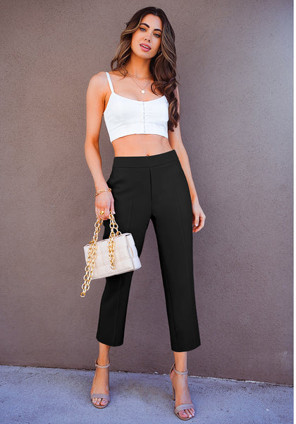 Black Women's High Waisted Back Elastic Waist Pull On Straight Leg Cropped Pants