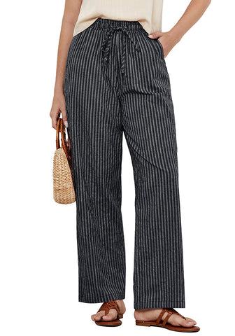 Black White Stripe Women's Drawstring Full Length High Waist Long Pants Wide Leg Striped Trousers