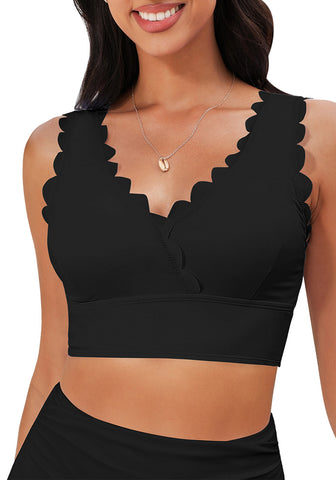 Black Women's Beach Wear Plain V-Neck Bikini Top Swimwear Wave Adjustable Strap