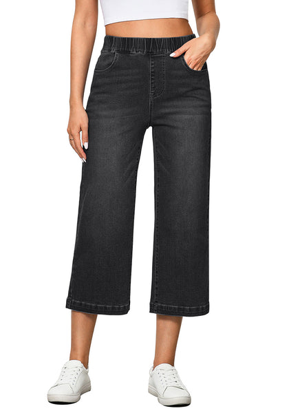 Washed Black Women's Denim Capri Elastic Waist High Waist Pant Pocket