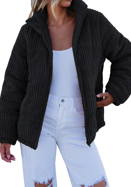 Black Women Casual Corduroy Winter Full Front Zip Stand Neck Long Fit Moderate Jackets