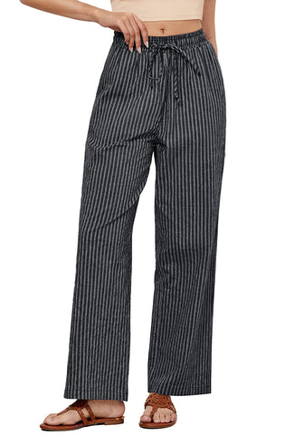 Black White Stripe Women's Drawstring Full Length High Waist Long Pants Wide Leg Striped Trousers