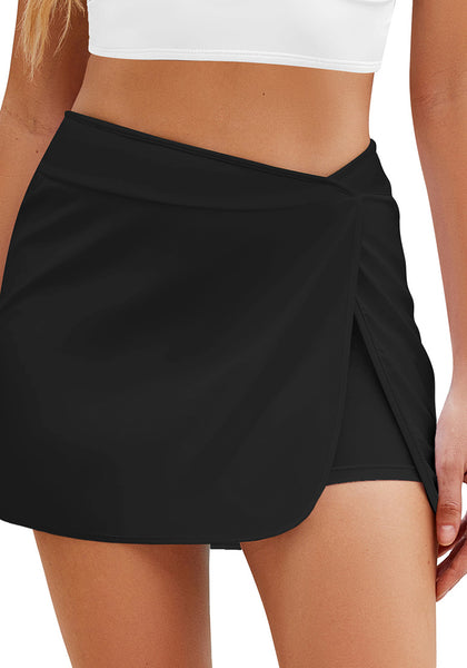 Black Women's Low Slanted Waisted Tankini Bathing Suit Bottom Brief Front Slit Swim Skirted