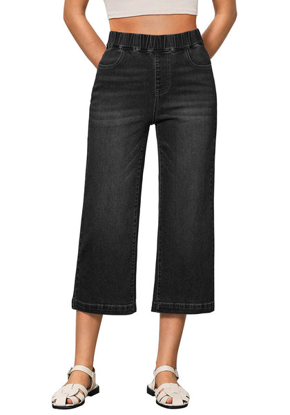 Washed Black Women's Denim Capri Elastic Waist High Waist Pant Pocket