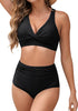 Black Women's High Waist 2 Piece Bikini Set with Ruched Twist Front and V-Neck Detail
