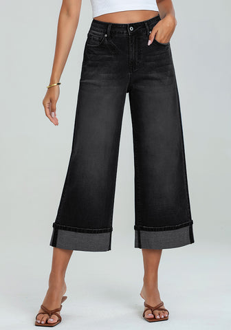Washed Black Women's High Waisted Wide Leg Denim Jeans Cuffed Hem Baggy Pockets Capri Pants