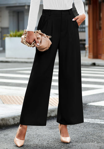 Petite Black High Waisted Wide Leg Pants for Women Business Casual Flowy Trouser