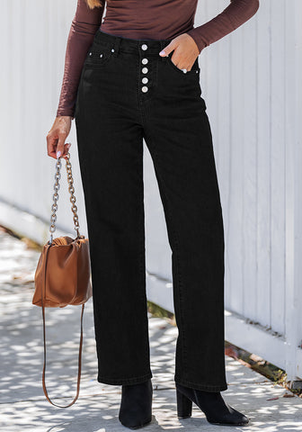 True Black Trendy Wide Leg Jeans for women Chic High Waisted Stretchy Button Front Denim Pants