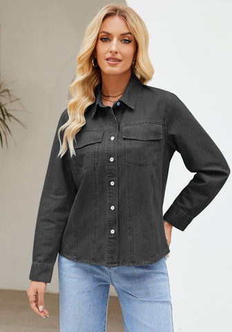 Stone Gray Women's Long Sleeve Shirt Button Front Western-inspired Urban Streetwear Denim Blouse Top