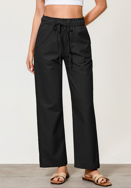 Black Women's Casual Full Length Elastic High Waist Relaxed Fit Wide Leg Pants with Pocket